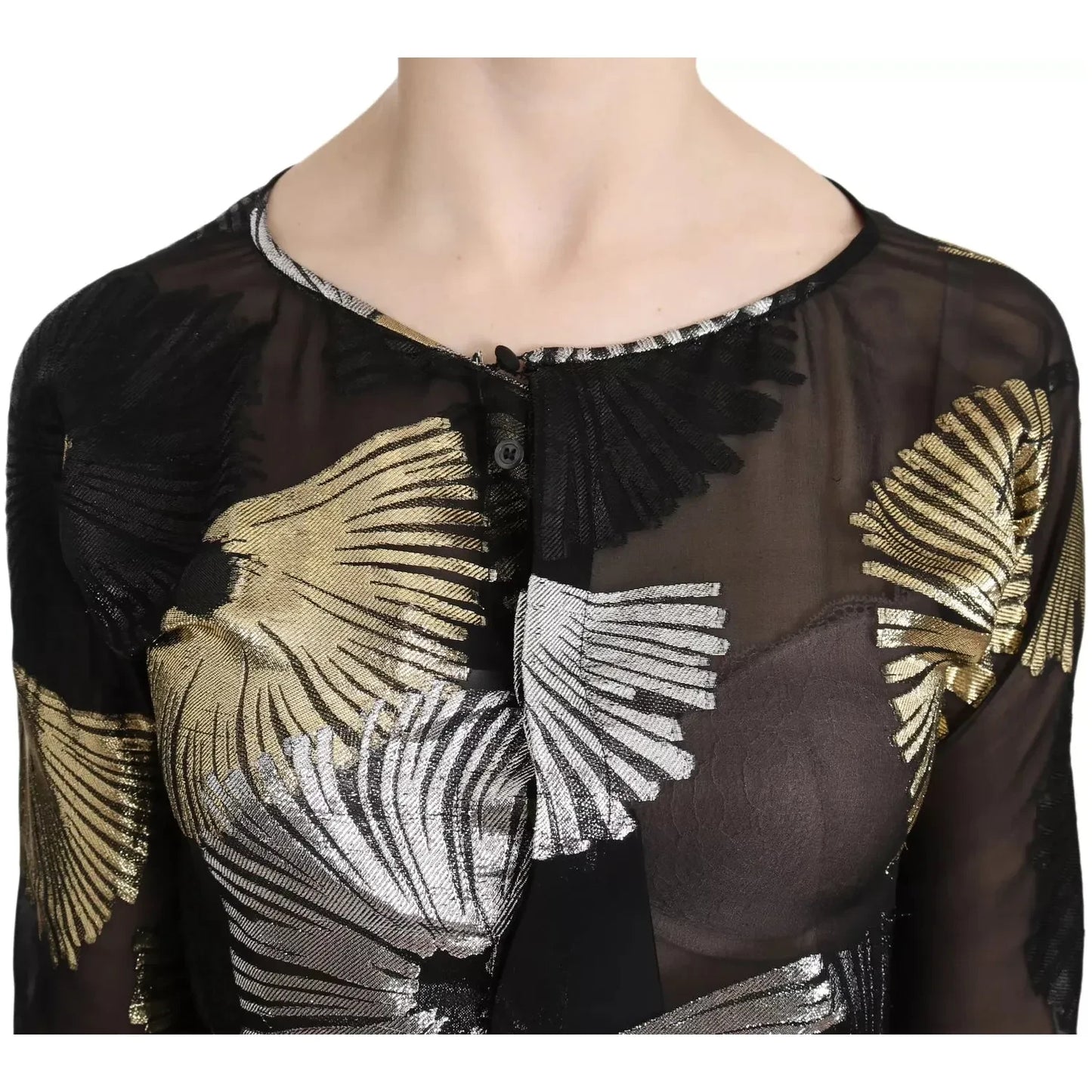 Dsquared² Gold Silver Silk Jacquard See Through Top Blouse TSH3487-40