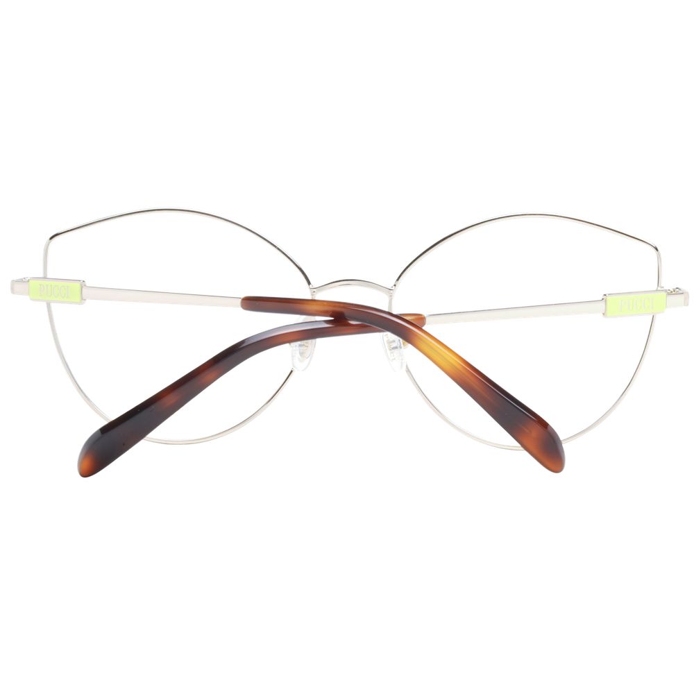 Emilio Pucci Silver Women Glasses Frame with metal cat eye style, full-rim, and plastic demo lenses, shown with branded case.