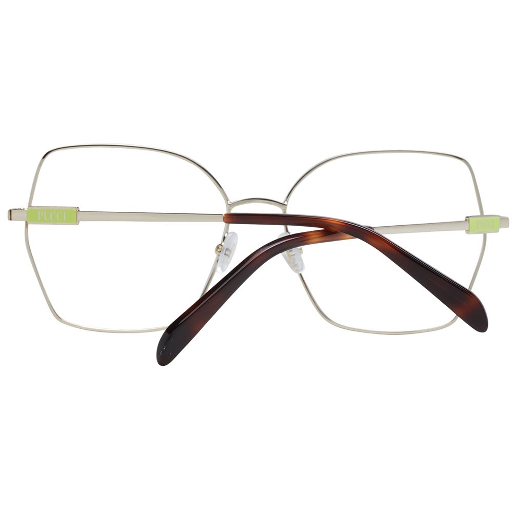 Emilio Pucci Gold Women Glasses Frame, full-rim butterfly style, metal material, with demo lenses, includes branded case.
