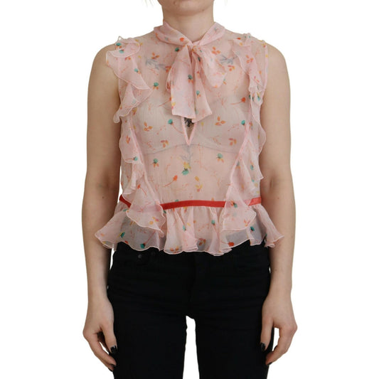 Dsquared² Pink Floral Print Silk Sleeveless Ascot Collar Top TSH83384-38