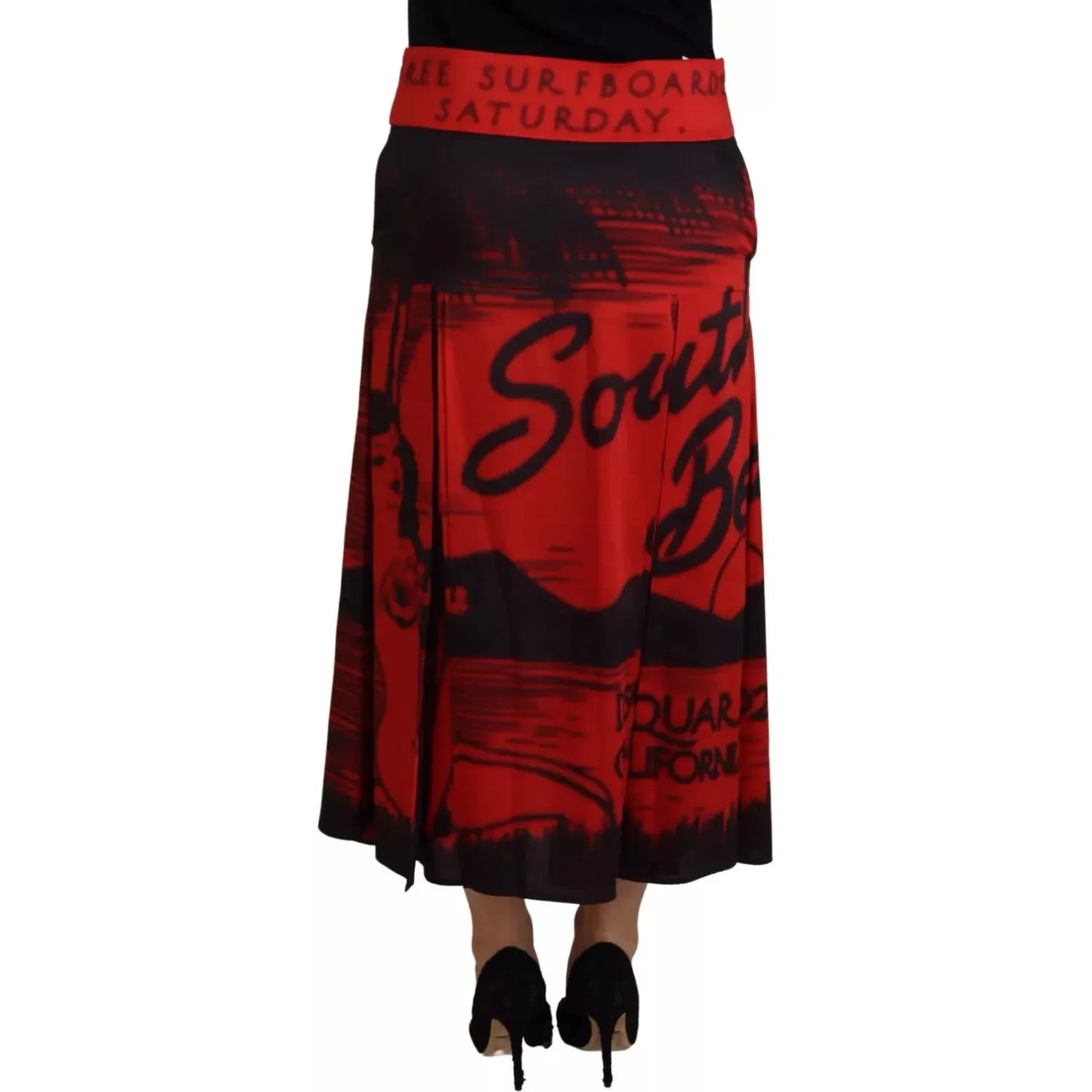Dsquared² Red Printed High Waist A-line Pleated Midi Skirt SKI1895