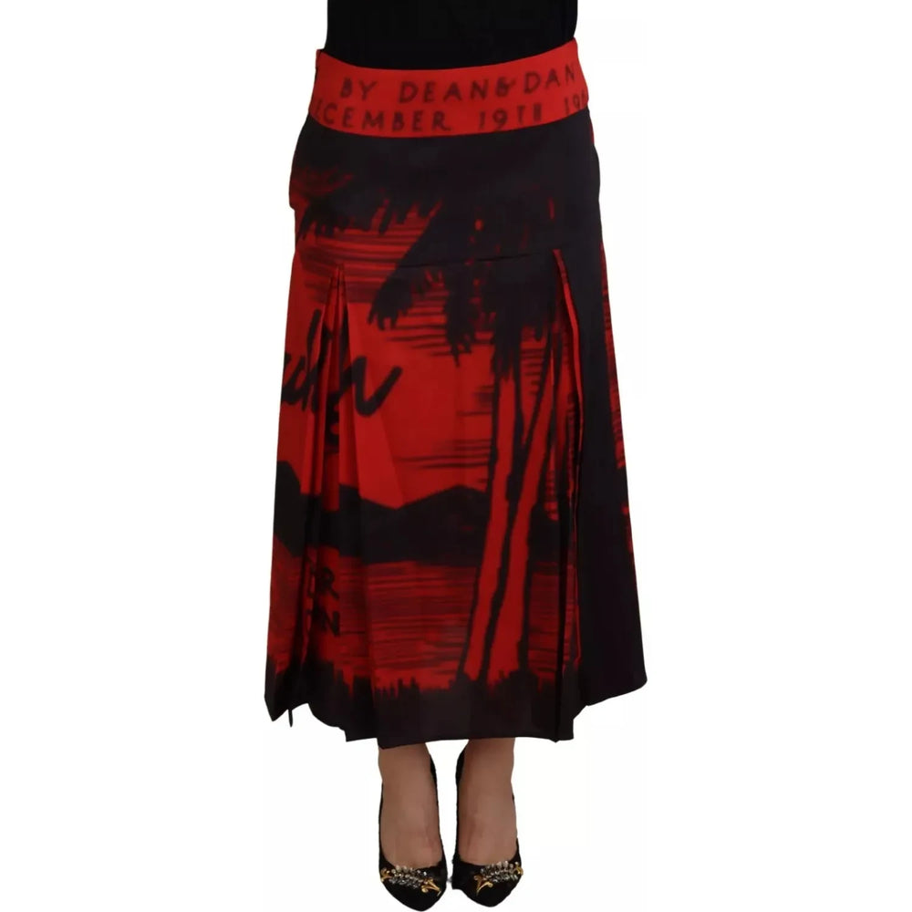 Dsquared² Red Printed High Waist A-line Pleated Midi Skirt SKI1895