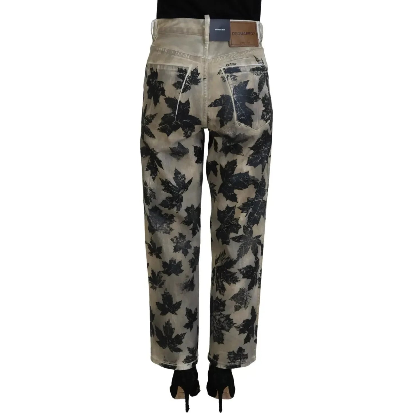 Dsquared² Beige Leaves Cotton High Waist Denim Jeans Boston PAN74517