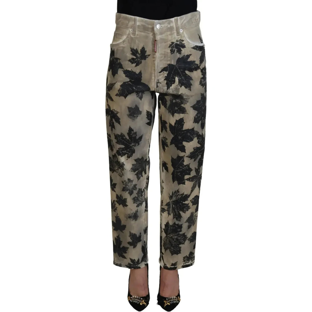Dsquared² Beige Leaves Cotton High Waist Denim Jeans Boston PAN74517