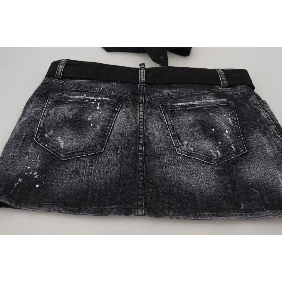 Dsquared² Black Distressed Mid Waist A-line Denim Mini Skirt SKI1878-38