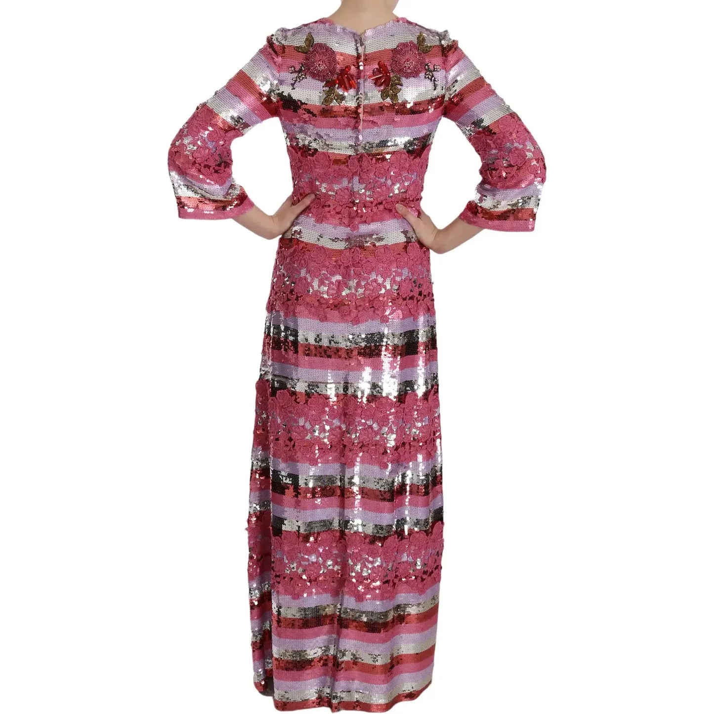 Dolce & Gabbana Pink Floral Sequined Crystal Gown Dress DR1679-40