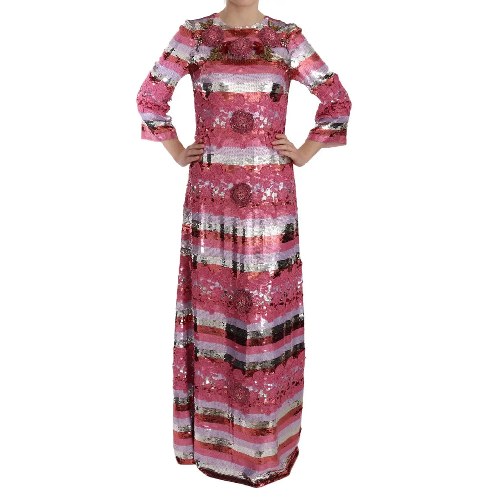 Dolce & Gabbana Pink Floral Sequined Crystal Gown Dress DR1679-40