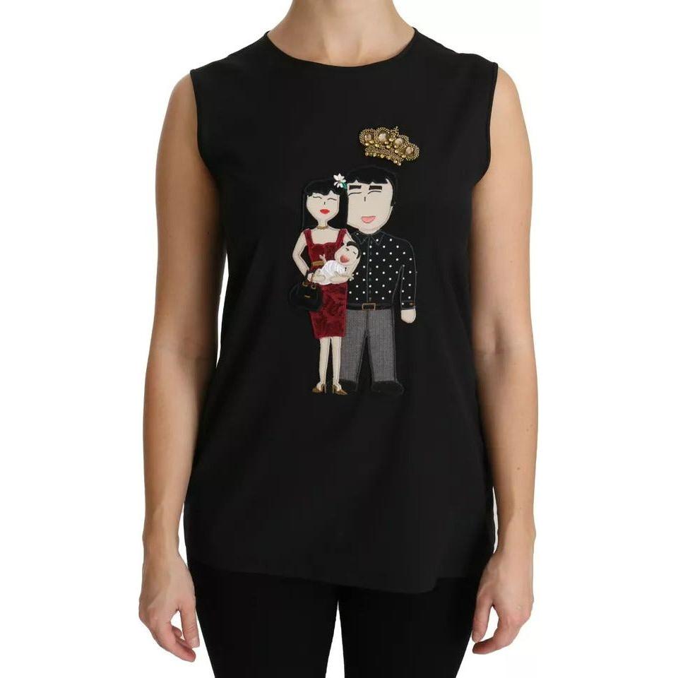 Dolce & Gabbana Black Silk DG Family Crystal Sleeveless Top TSH4291-40