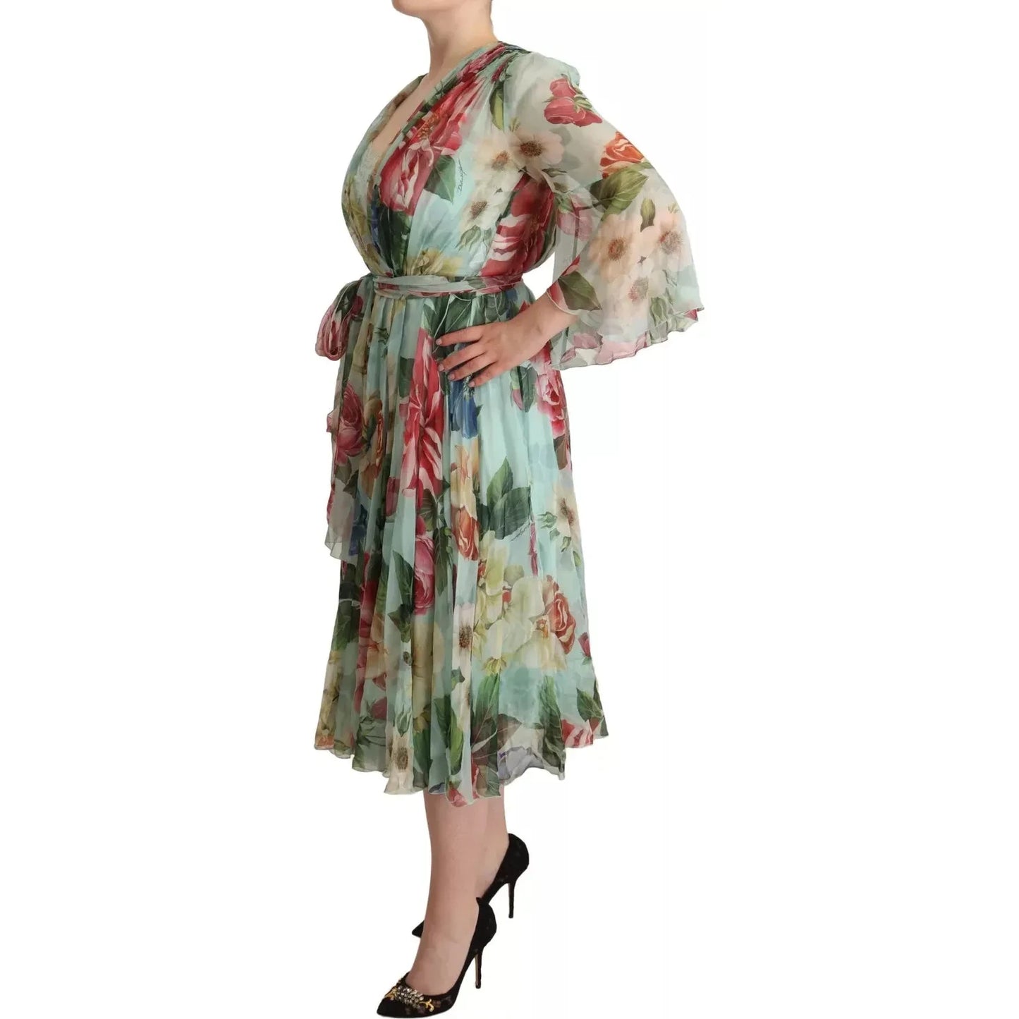 Dolce & Gabbana Green Floral Long Sleeve V-neck Midi Dress