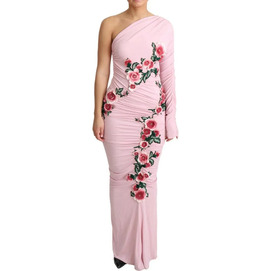 Dolce & Gabbana Pink Flower Embellished One Shoulder Dress DR28039
