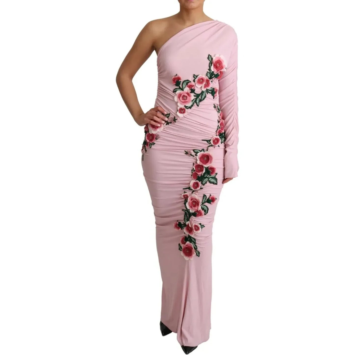 Dolce & Gabbana Pink Flower Embellished One Shoulder Dress DR28039
