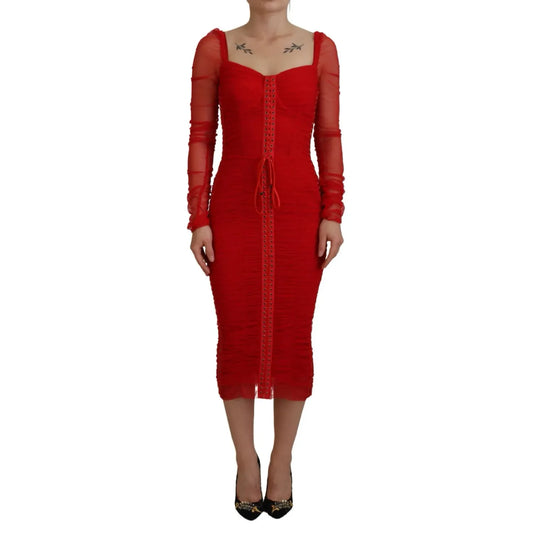 Dolce & Gabbana Red Mesh Trim Bodycon Sheath Midi Dress with long sleeves and zipper closure, featuring high craftsmanship from Italy.