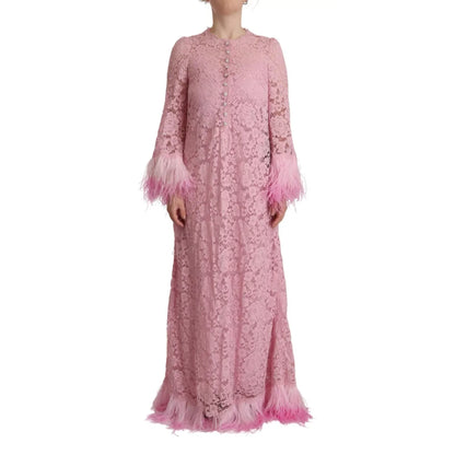 Dolce & Gabbana Shift Lilac Lace Feathers Long Sleeves Dress