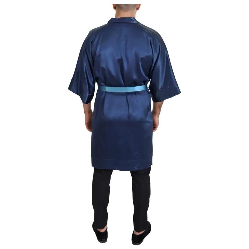 Dolce & Gabbana Blue Satin Silk Waist Belt Robe Jacket