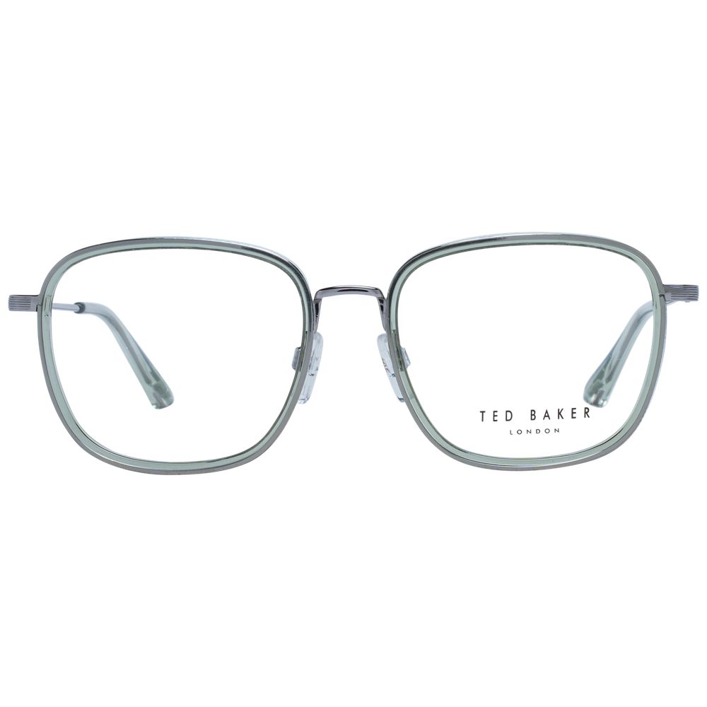 Ted Baker Green Men Glasses Frame, metal full-rim, square style with demo lenses, size 51-17-140, includes branded case.