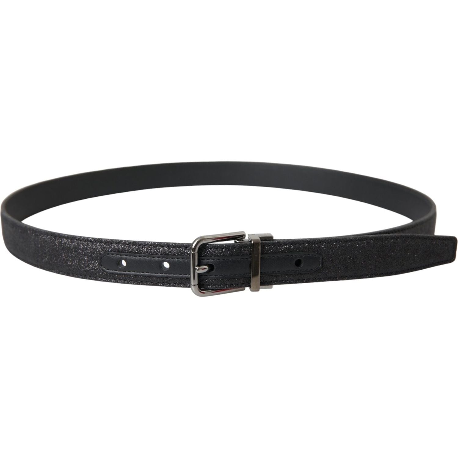Dolce & Gabbana Black Glittered Leather Silver Buckle Belt