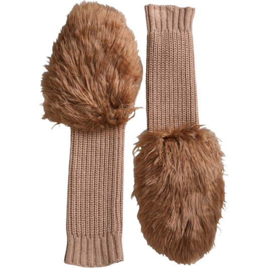 Dolce & Gabbana Brown Cashmere Knitted Fur Mid Arm Mitten Gloves LB30128