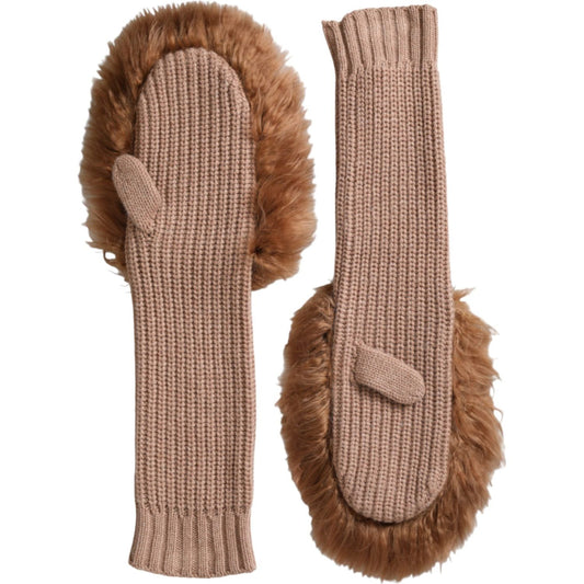 Dolce & Gabbana Brown Cashmere Knitted Fur Mid Arm Mitten Gloves LB30128