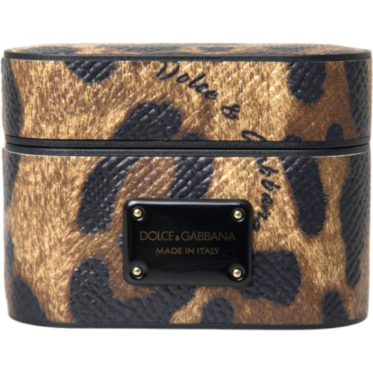 Dolce & Gabbana Brown Leopard Calf Leather Metal Logo Plaque Airpods Case SMY10285