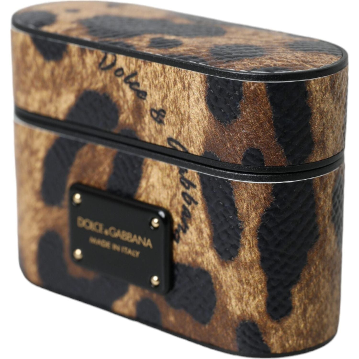 Dolce & Gabbana Brown Leopard Calf Leather Metal Logo Plaque Airpods Case