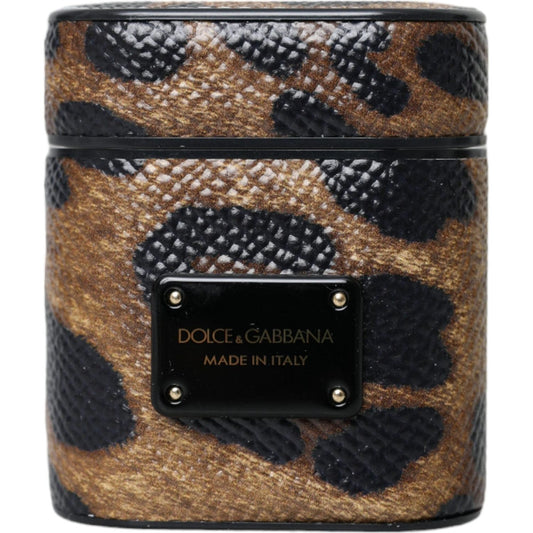 Dolce & Gabbana Brown Leopard Calf Leather Metal Logo Plaque Airpods Case SMY10286