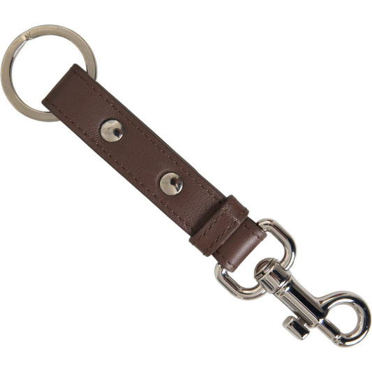 Dolce & Gabbana Brown Plain Leather Silver Brass Keyring Holder Keychain SMY10237