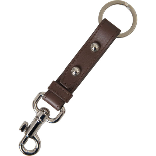 Dolce & Gabbana Brown Plain Leather Silver Brass Keyring Holder Keychain SMY10237