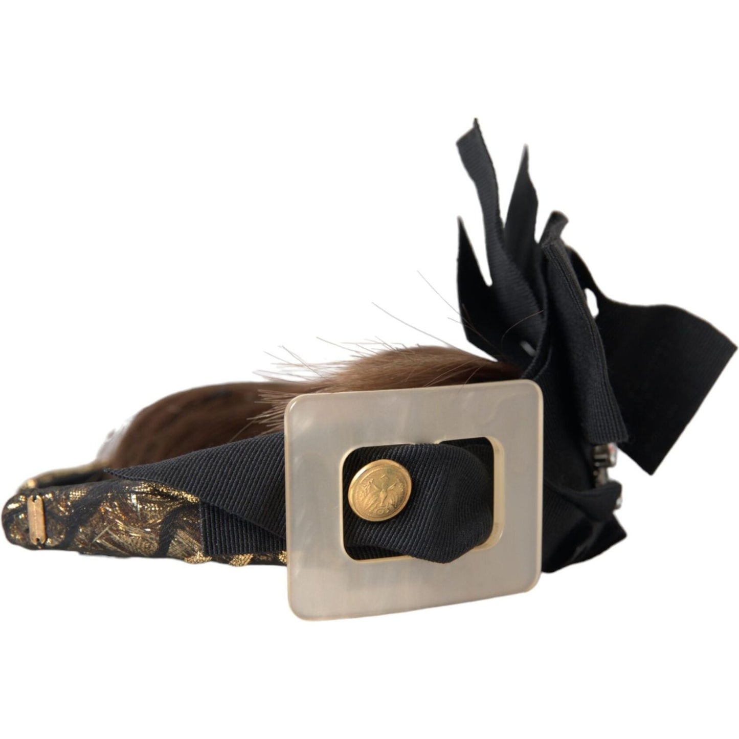 Dolce & Gabbana Black Crystal Button Brown Hair Women Headband Diadem SMY10229