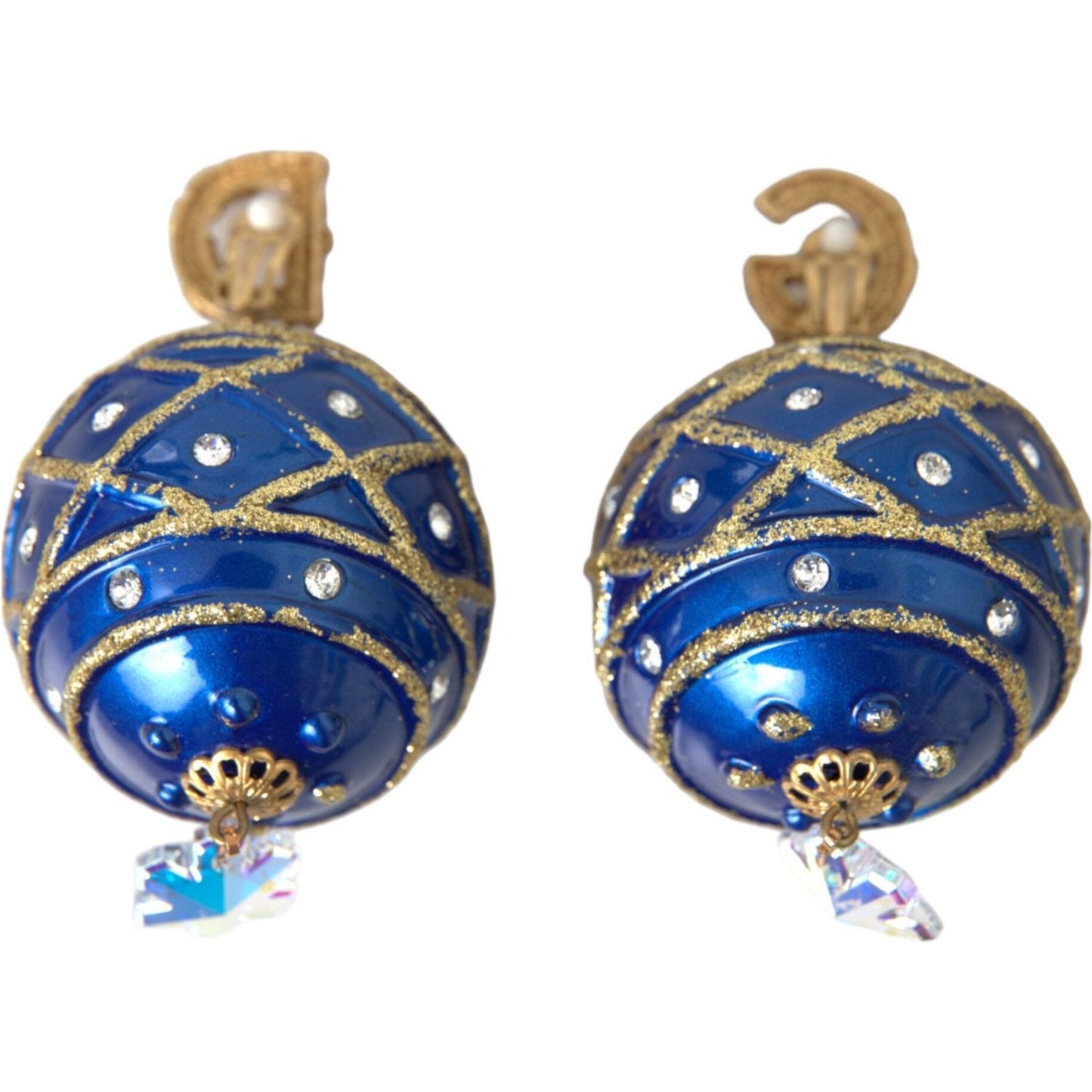 Dolce & Gabbana Gold Brass Blue Dangle Christmas Ball Crystal Clip On Earrings