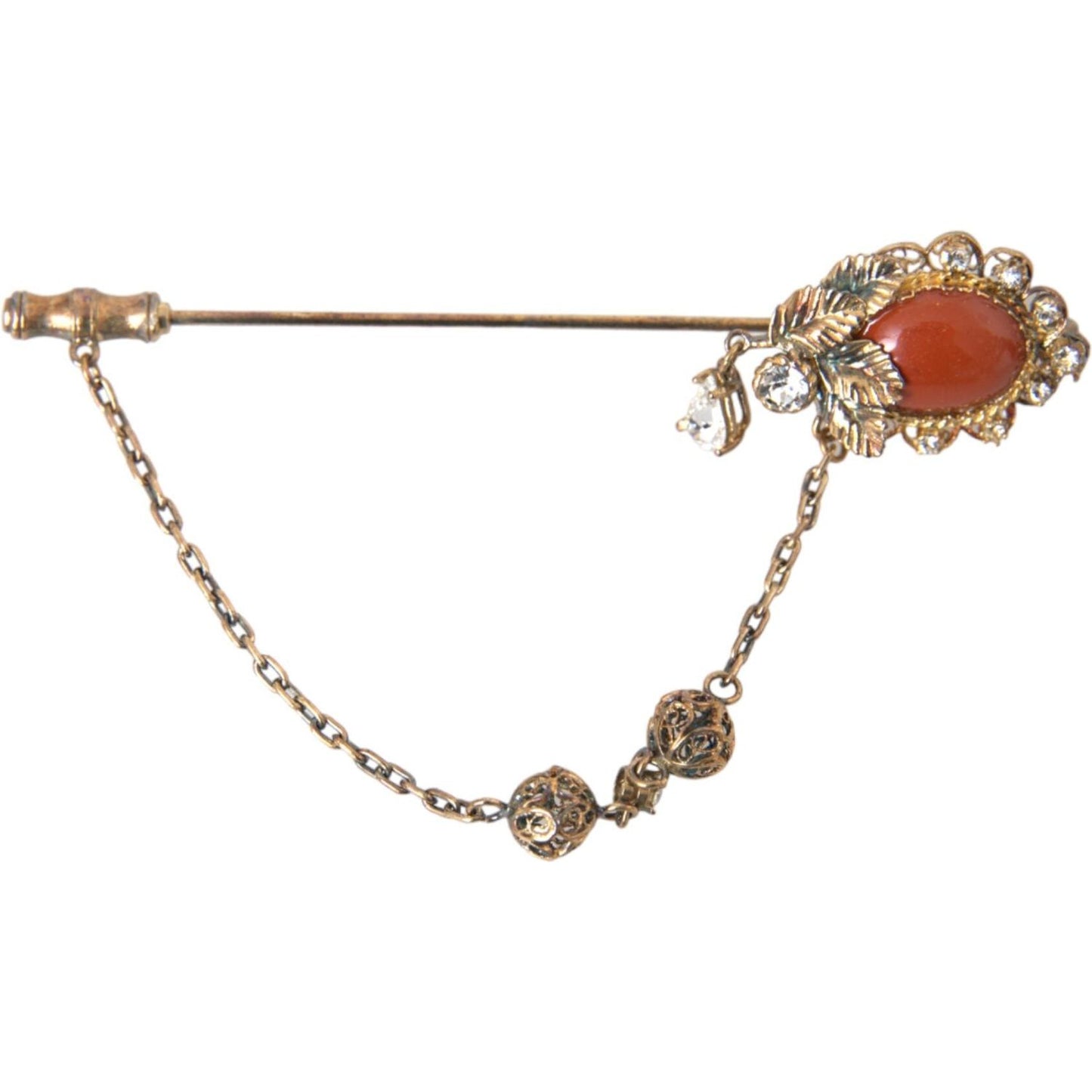 Dolce & Gabbana Gold Brass Crystal Chain 925 Sterling Silver Pin Brooch Brooch