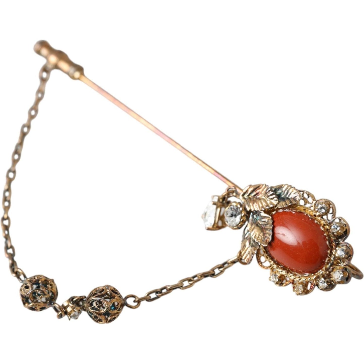 Dolce & Gabbana Gold Brass Crystal Chain 925 Sterling Silver Pin Brooch Brooch