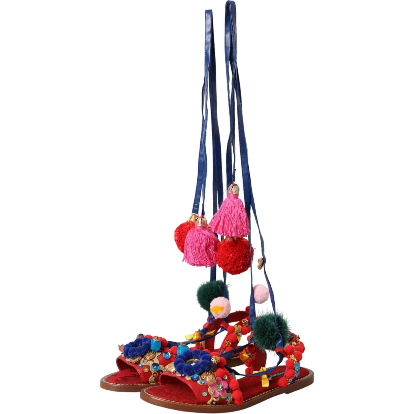 Dolce & Gabbana Multicolor Pom Pom Fur Wrap Sandals Shoes