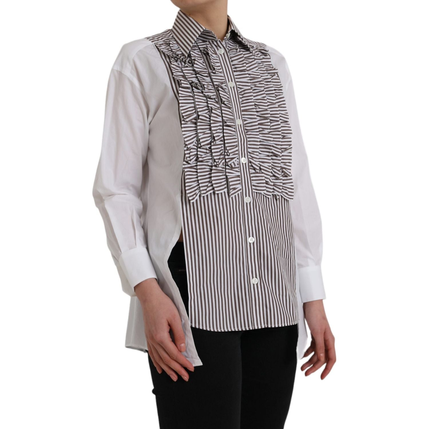 Dolce & Gabbana White Stripes Cotton Long Sleeves Ruffle Collar Top