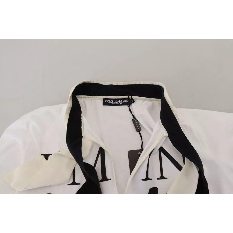 Dolce & Gabbana White Cotton Printed Ascot Collared T-shirt
