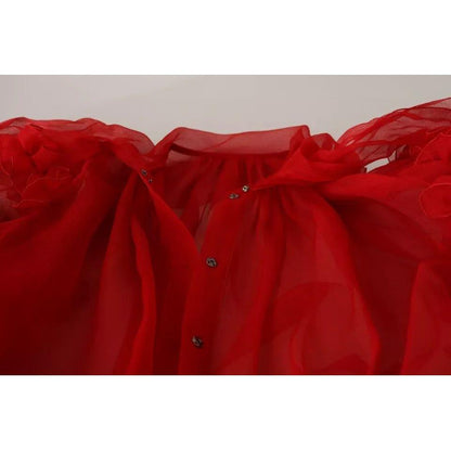 Dolce & Gabbana Red Silk Ascot Collar Ruffles Blouse Top