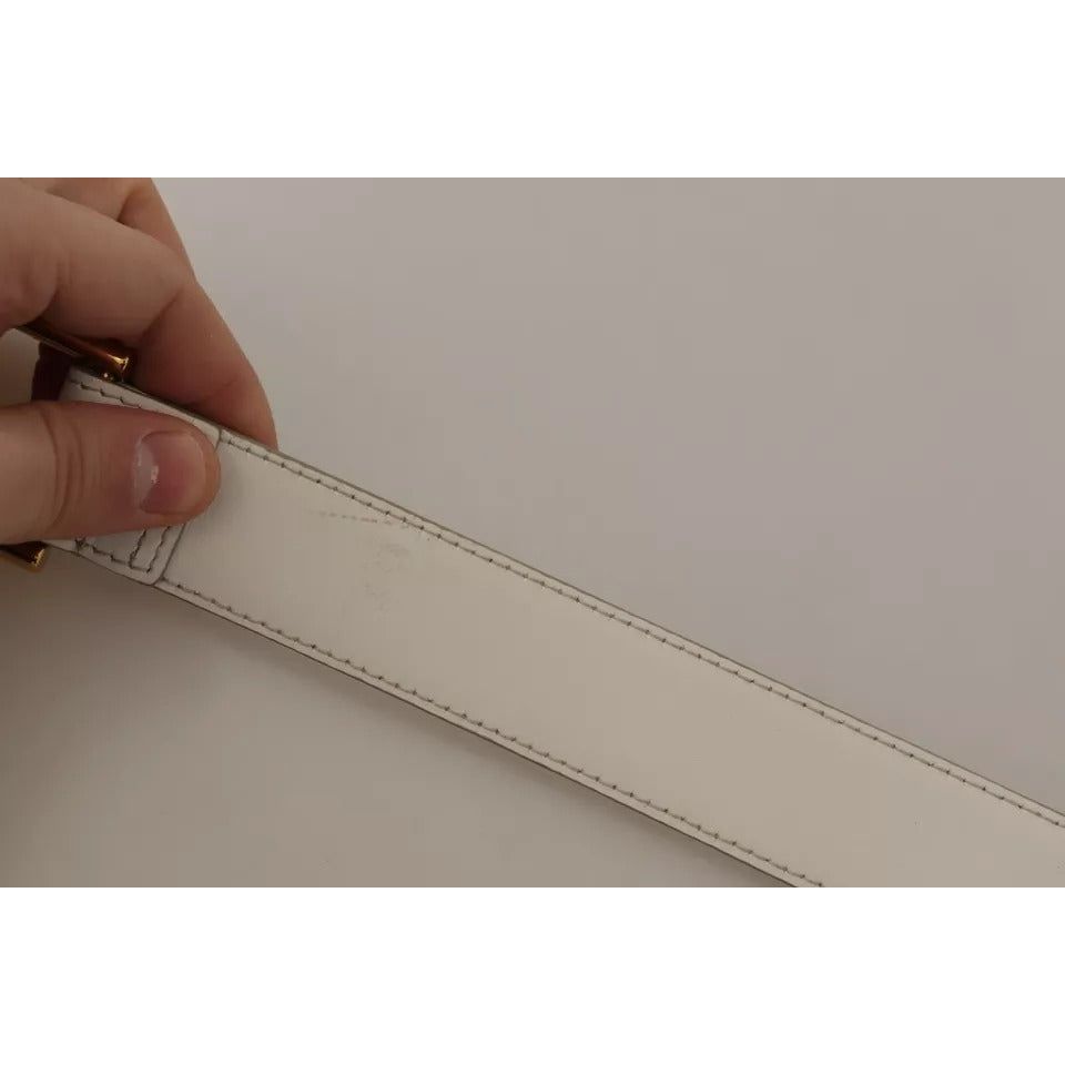 Dolce & Gabbana White Leather Gold Logo Engraved Metal Buckle Belt
