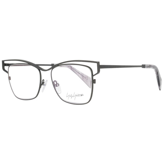 Yohji Yamamoto Gray Women Glasses Frame in gunmetal, titanium material, full-rim square style, with demo lenses and branded soft case.