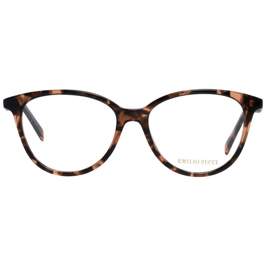 Emilio Pucci Brown Women Glasses Frame, oval full-rim style, plastic material, size 53-16-140, includes branded case.