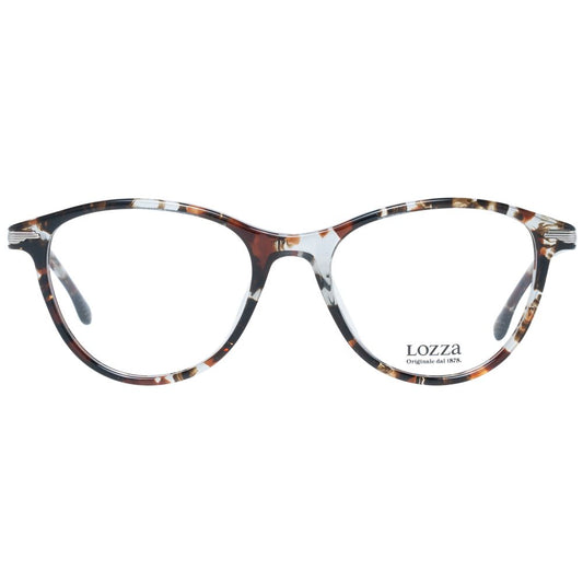 Lozza Brown Women Glasses Frame with full-rim rectangular style, plastic material, and demo lenses, includes branded case with spring hinge.