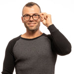 Man wearing Lozza Brown Men Glasses Frame, full-rim rectangular design, in a casual black and gray shirt.