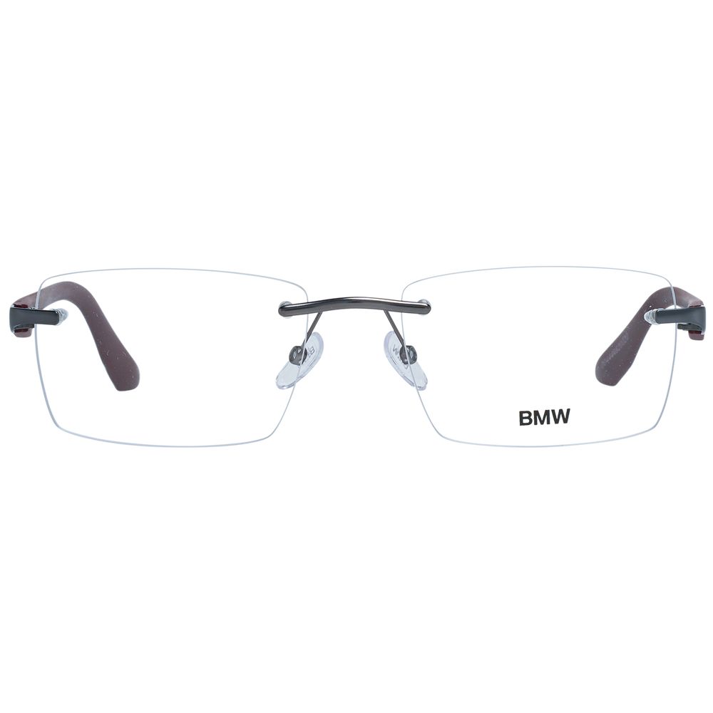 BMW Gray Men Glasses Frame, gunmetal color, full-rim rectangle style, metal frame, demo lenses, size 56-19-145, no spring hinge, with branded case.