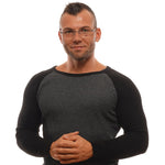 Man wearing BMW Gray Men Glasses Frame in gunmetal, rectangular style with full-rim metal frame.