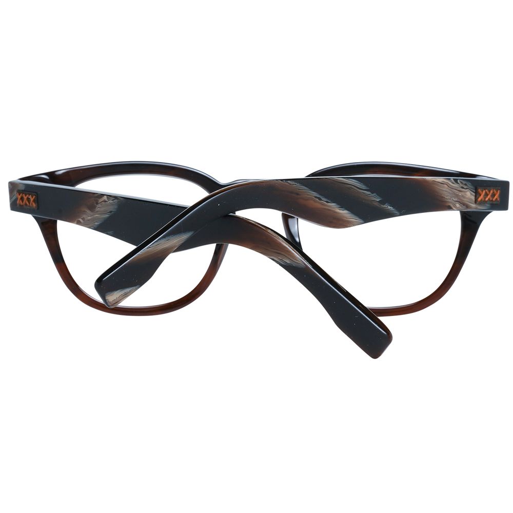 Ermenegildo Zegna Brown Men Glasses Frame, full-rim trapezium style with demo lenses in brown plastic, size 48-22-145, includes branded case.
