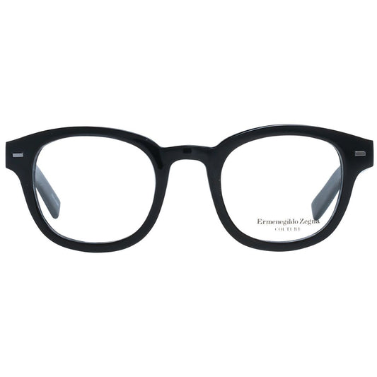 Ermenegildo Zegna Black Men Glasses Frame, full-rim round style with horn material, black color, demo lenses, size 47-23-145, includes branded case.
