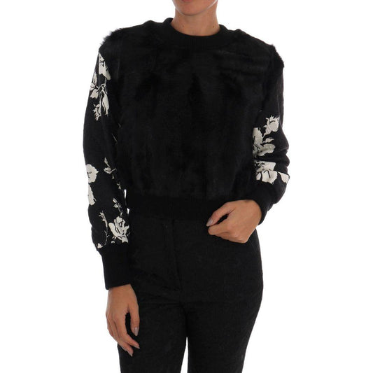 Dolce & Gabbana Black Fur Floral Brocade Zipper Sweater JKT1047#2-1