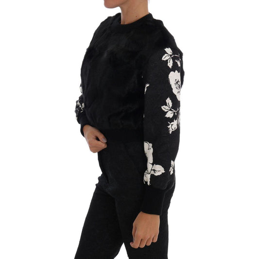 Dolce & Gabbana Black Fur Floral Brocade Zipper Sweater JKT1047#2-1
