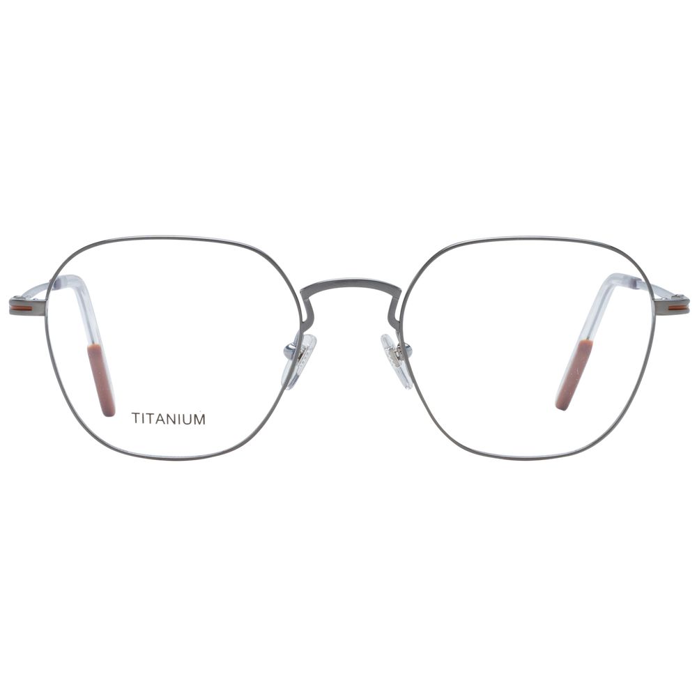 Ermenegildo Zegna Gray Men Glasses Frame in gunmetal, full-rim titanium, round style with demo lenses. Includes branded case.