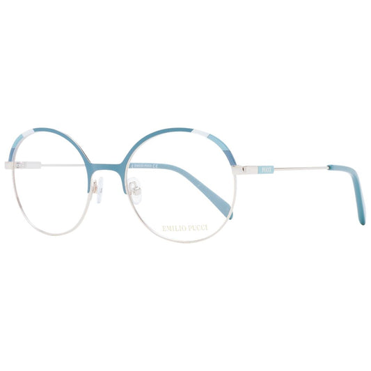 Emilio Pucci Turquoise Women Glasses Frame with full-rim metal design and branded case, size 51-19-140, round style.