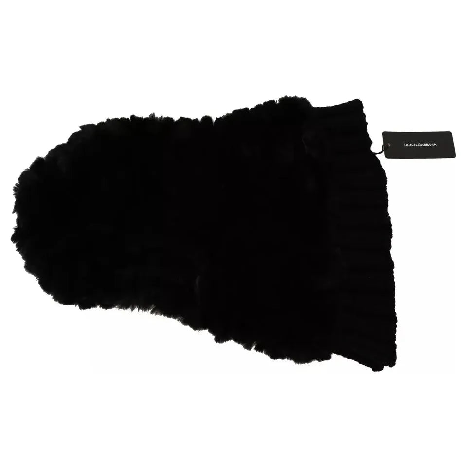 Dolce & Gabbana Black Silver Fox Fur Cashmere Hooded Scarf HAT70078