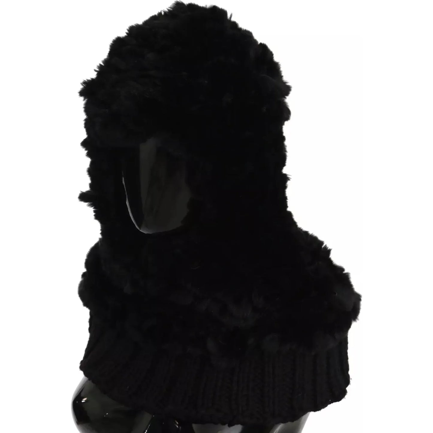 Dolce & Gabbana Black Silver Fox Fur Cashmere Hooded Scarf HAT70078
